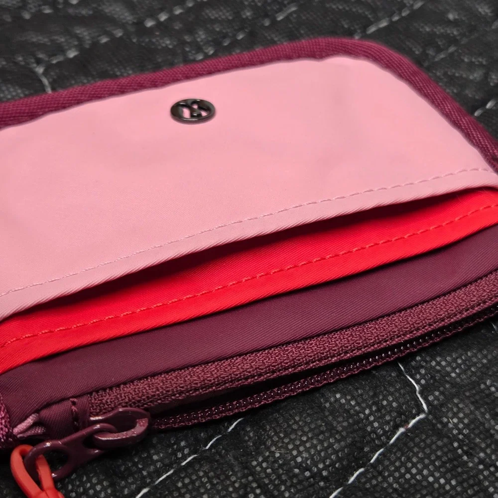 Lululemon True Identity Card Case Pink Red Recycled Nylon Zip Wallet